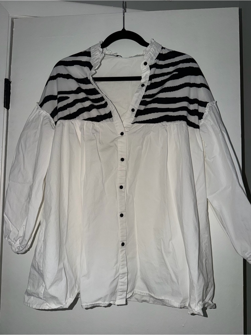 White Button-Front Blouse with Black Stripe Yoke - Picture 2 of 4